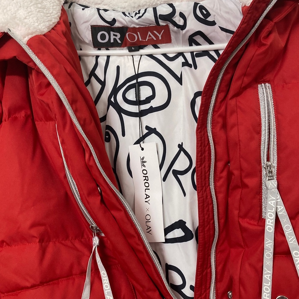 Orolay Red Puffer Down Jacket collaboration with Olay limited edition size large